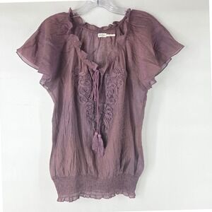blue bird Peasant Blouse Small Purple Sheer Embroidered Tassel Boho Art-inspired